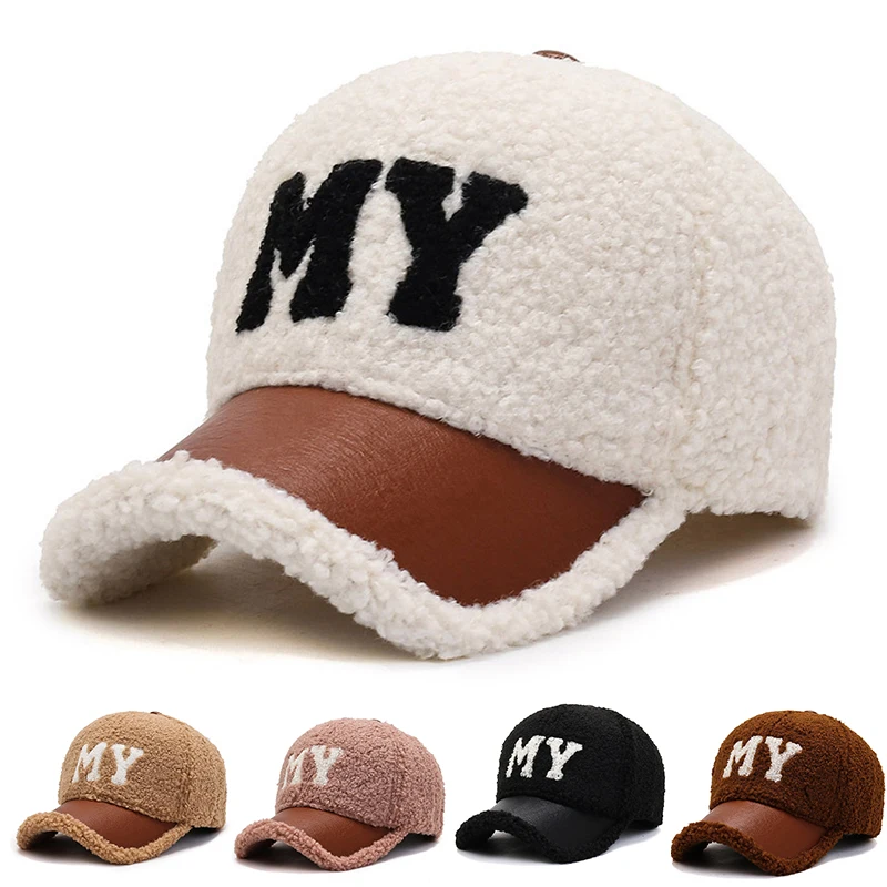 

Winter Fleece Hat For Women Female Baseball Cap Faux Fur Fashion Lamb Wool Keep Warm Ins Version Embroidery Letter Trucker Cap