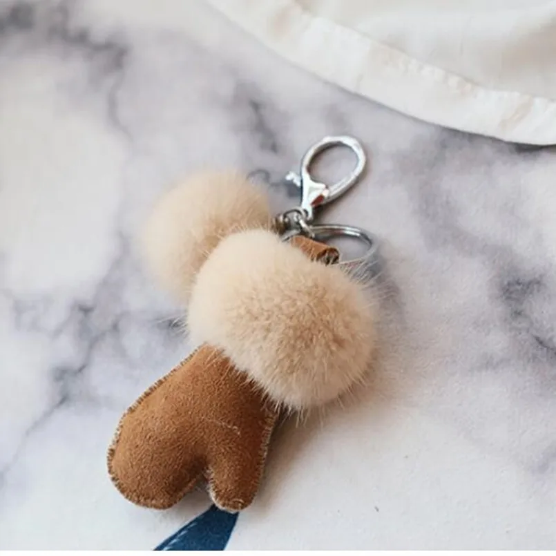 new keychain of real mink fur women fashion accessories mobile phone bag pendant leather fur mitten girls key ring free global shipping