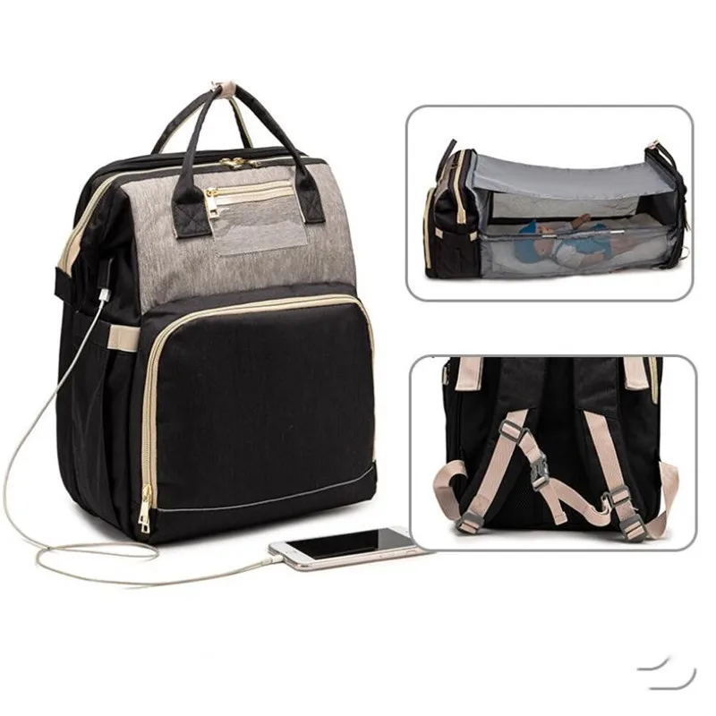 

3 в 1 складная детская кровать, дорожная люлька, сумка для подгузников, рюкзак с USB-портом для зарядки, пеленальная подставка с портом для детс...