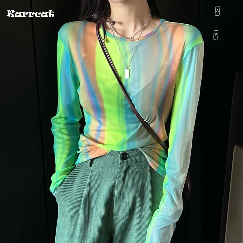 

Karrcat Green Tie Dye Mesh Tshirt Women Y2k Aesthetic Long Sleeves T-shirt Slim Mesh Tops See Through Chic T Shirts Colorful Top