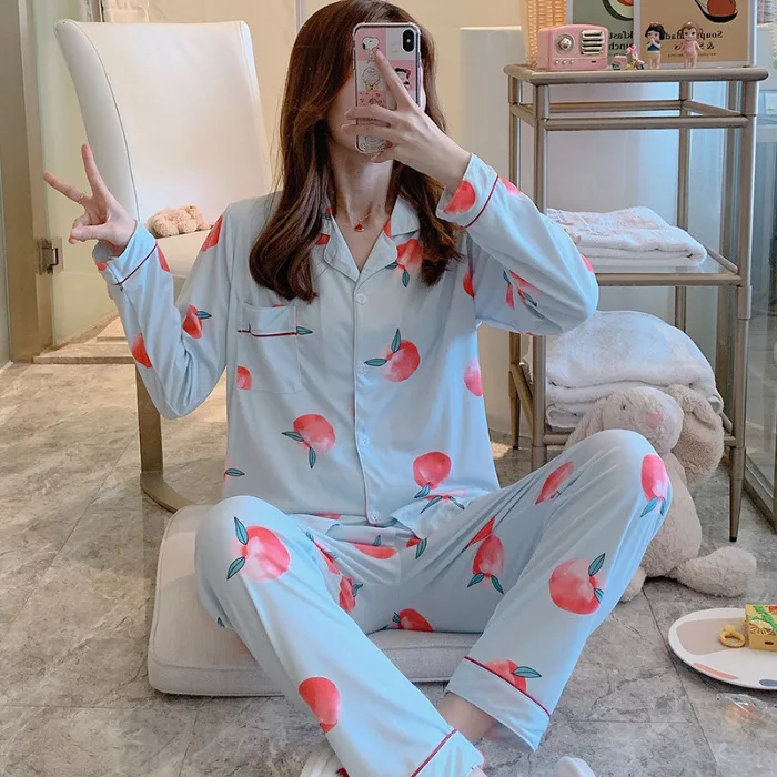 

Women's Long-sleeved Cardigan Spring Summer Korean Cute Strawberry Printed Loose Home Service Two-piece Suit Pajamas Lounge Wear