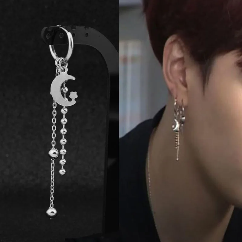 

KPOP Korean Stainless Steel Stud Earrings Moon Feather Chain Cross Pendant Women Mens Punk Earrings Guys Hip Hop Jewelry Unisex