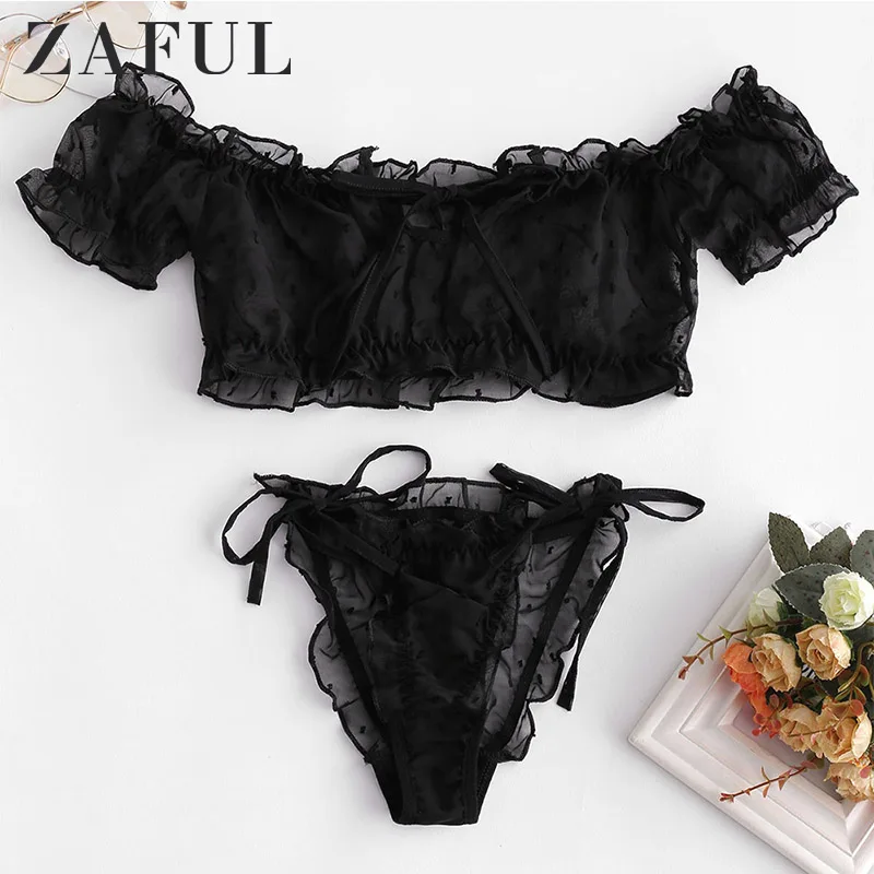 ZAFUL Швейцарский точечный вырез с открытыми плечами рюшами комплект нижнего белья