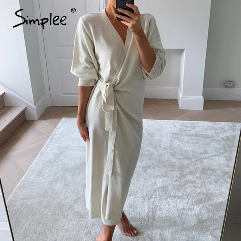 Simplee Casual V-neck knitted dress Women's 4-color Home style fashion Autumn winter new straight tube 2020 | Женская одежда