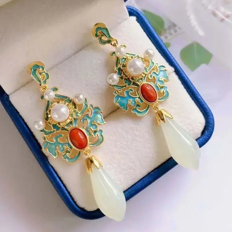 

Magnolia Ancient Style S925 Sterling Silver Earrings Chinese Style Ancient Costume Earrings Burnt Blue Ethnic Style Natural