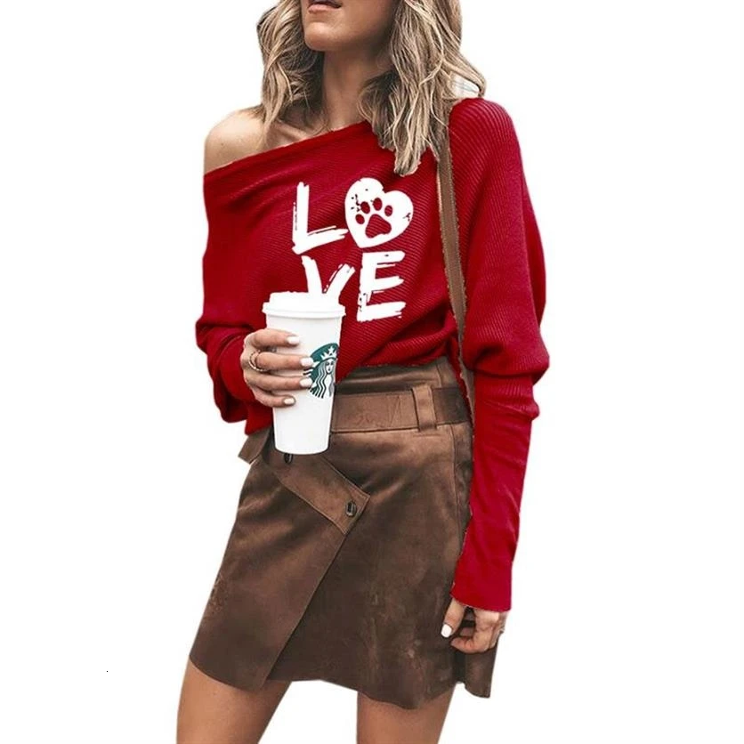 

One-Shoulder Collar Long-Sleeved Top Love Letters Print Hoodies For Women Hoodies Women Sweatshirt Femmes Tops Cotton Clothings