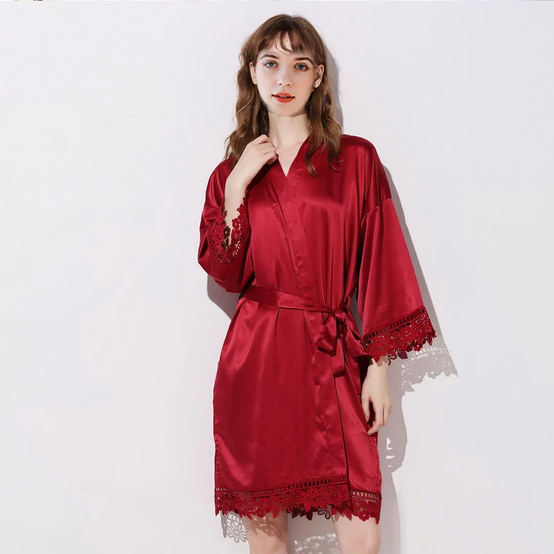 

Robe ladies spring and summer long-sleeved plus size silk home bathrobe night gown bathrobe