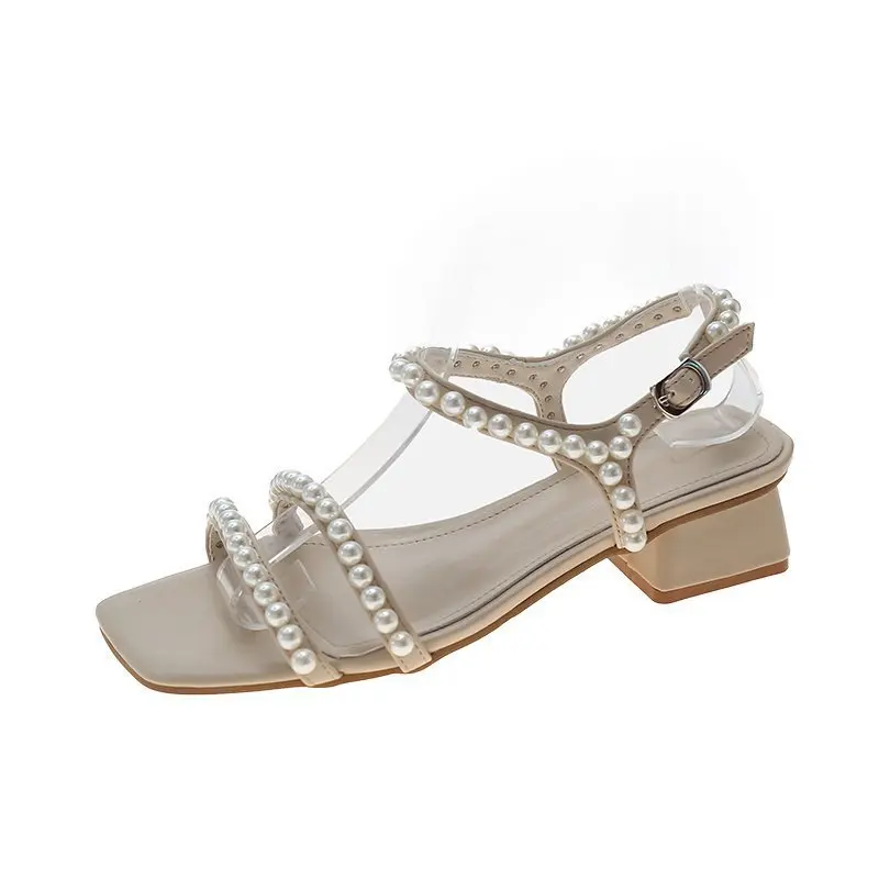 

Buckle Strap Block Heels Clear Sandals Women's Low Shoes Suit Female Beige 2021 Summer Med Chunky Low-heeled Black Fashion Girls