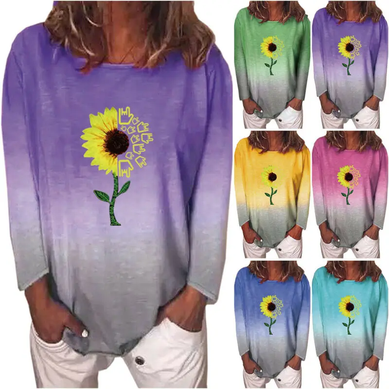 

Женские свободные футболки, женская блузка с длинным рукавом и градиентным принтом подсолнуха, топы