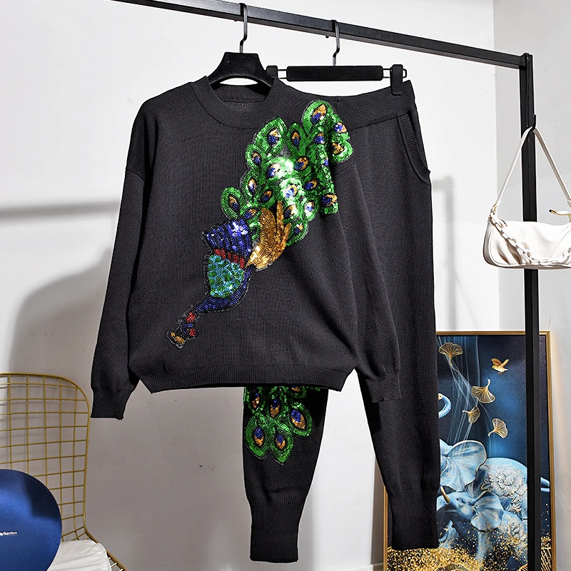 

Женский трикотажный костюм, черная рубашка с пайетками и брюки-карандаш, комплект из двух предметов, Свободный Повседневный Трикотажный ко...