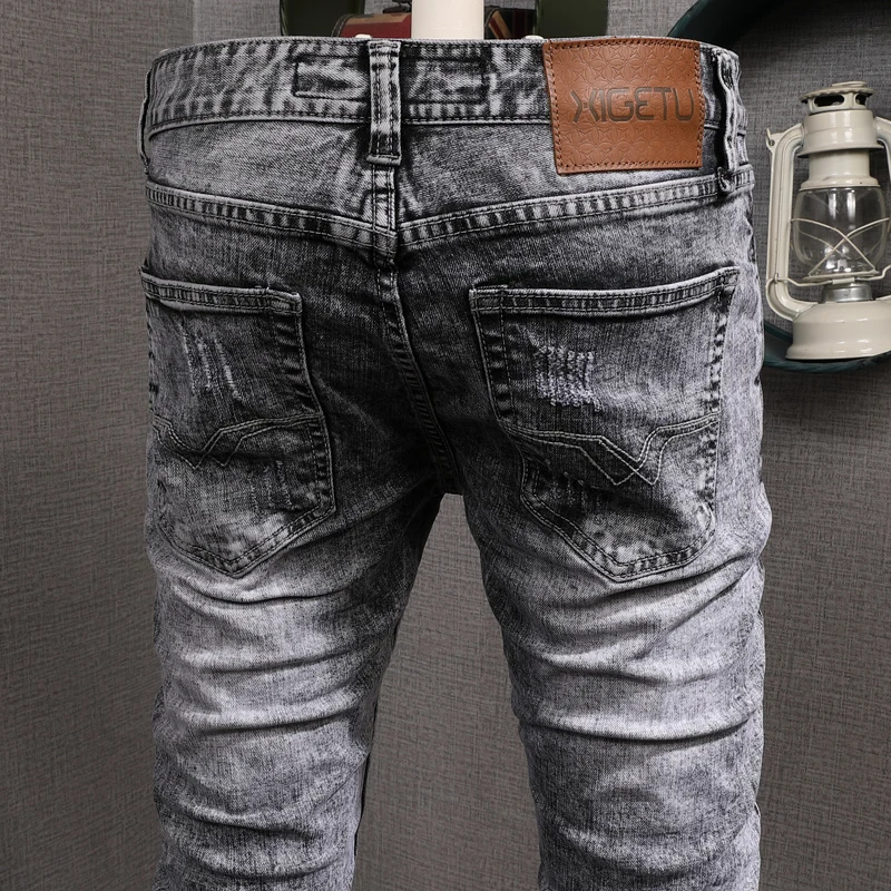 Vintage Gray Ripped Low Waist Jeans Men Streetwear Cotton Slim Fit Straight Stretch Denim Pants