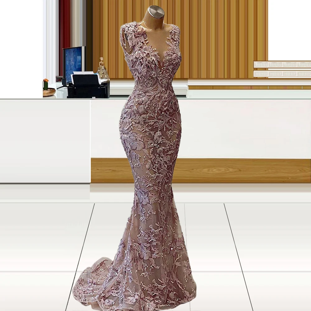 Mermaid Sleeveless Luxury Evening Dress Lace robes longues pour les femmes Pink Women Dresses For Party and Wedding Prom