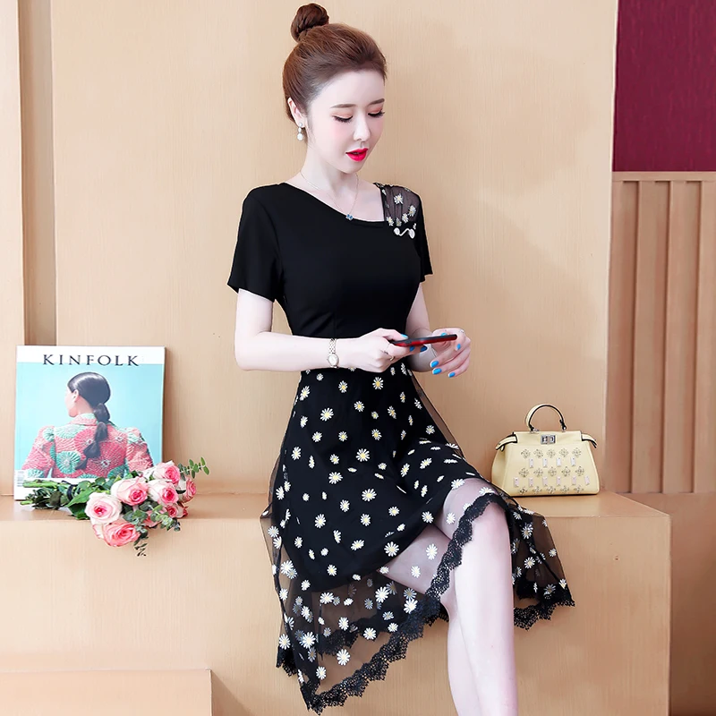 

COIGARSAM 5XL Plus Size Patchwork Women one-piece dress korean Summer Dovetail Dresses 9208