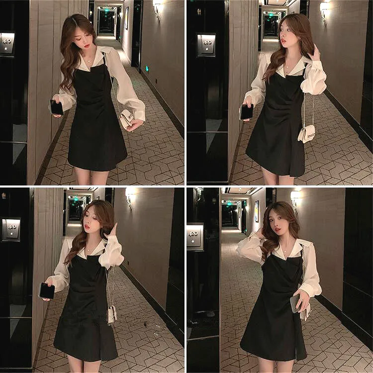 

Elegant Dress Women Casual Patchwork Long SleeveOffice Lady Dress Female Irregular Slim Black One Piece Dress Korean 2021 Summer