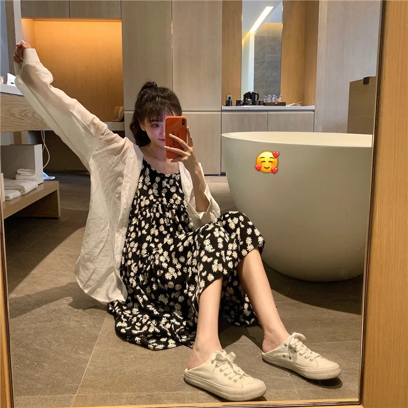 

Dresses For Women Little Daisy French First Love Bellflower Floral Seaside Beach Holiday Loose Sleeveless Sling Dress Summer