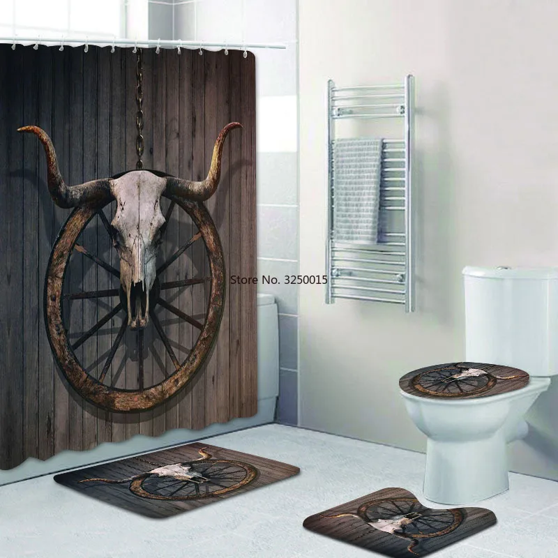 

Home Decor Ancient Horned Bull Skull Shower Curtain Set Old West Wagon Wheel Barn Wooden Bathroom Curtains Evil Buffalo Mats