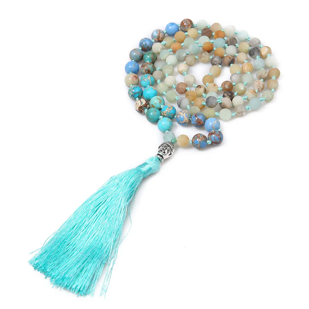Матовый Амазонит & Emperor Stone 108 Mala Beads ожерелье с узелками Men Women Yoga Bless Jewelry головой