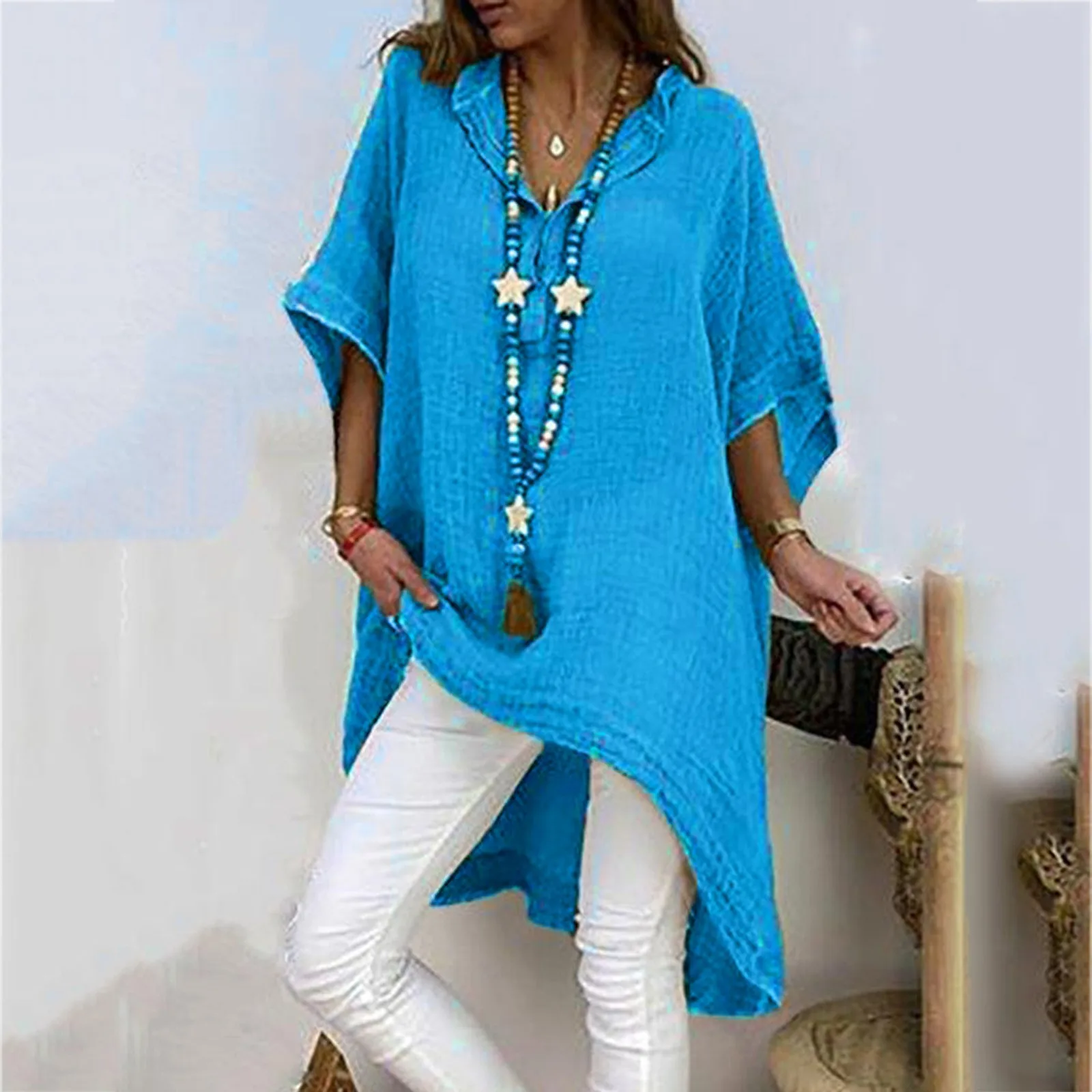 Летний винтажный льняной Топ блузка женское Повседневное платье в стиле бохо