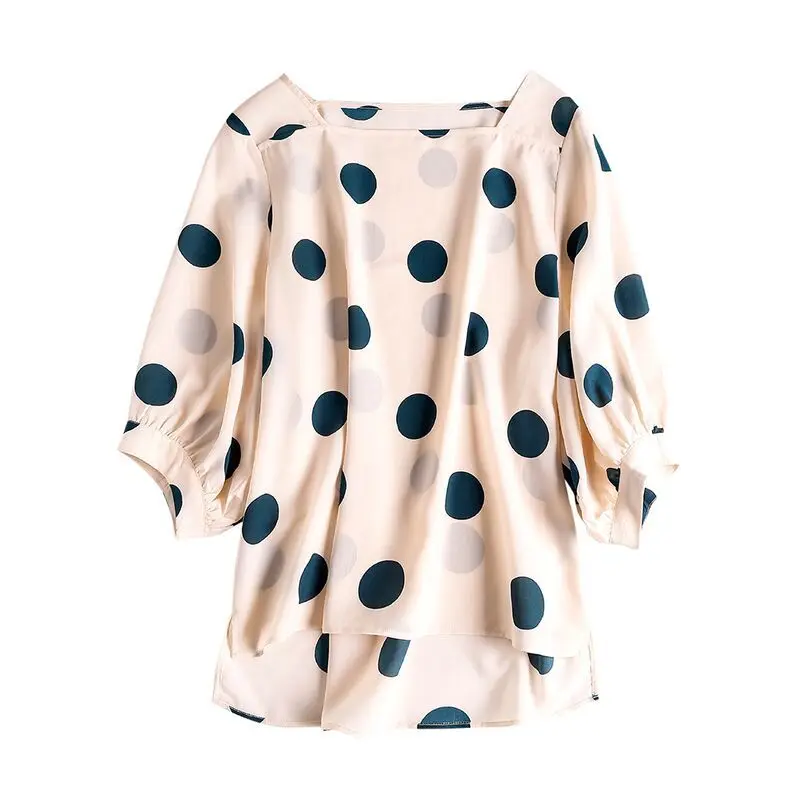 

Top women's summer versatile temperament short sleeve women's new quarter sleeve wave point chiffon shirt