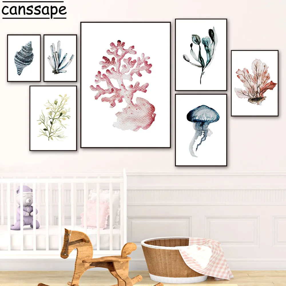 Розовый синий коралловый постер с принтом медузы Раскрашивание на холсте