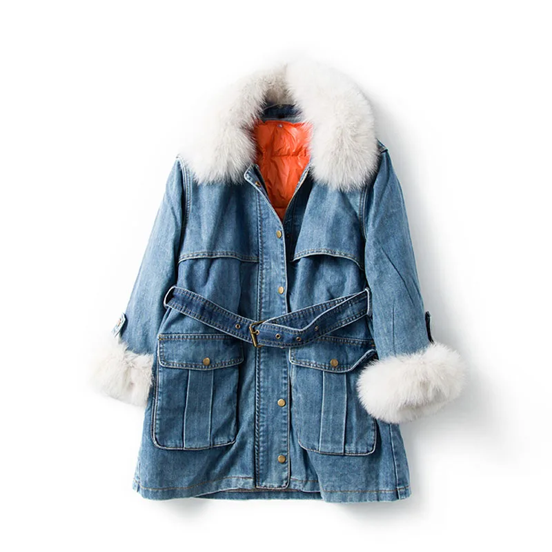 Натуральный Лисий мех воротник 2019 зимняя куртка Для женщин Длинная джинсовая