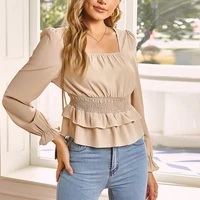women ruched waist puff sleeve summer blouse elegant square neck ladies ruffle tops