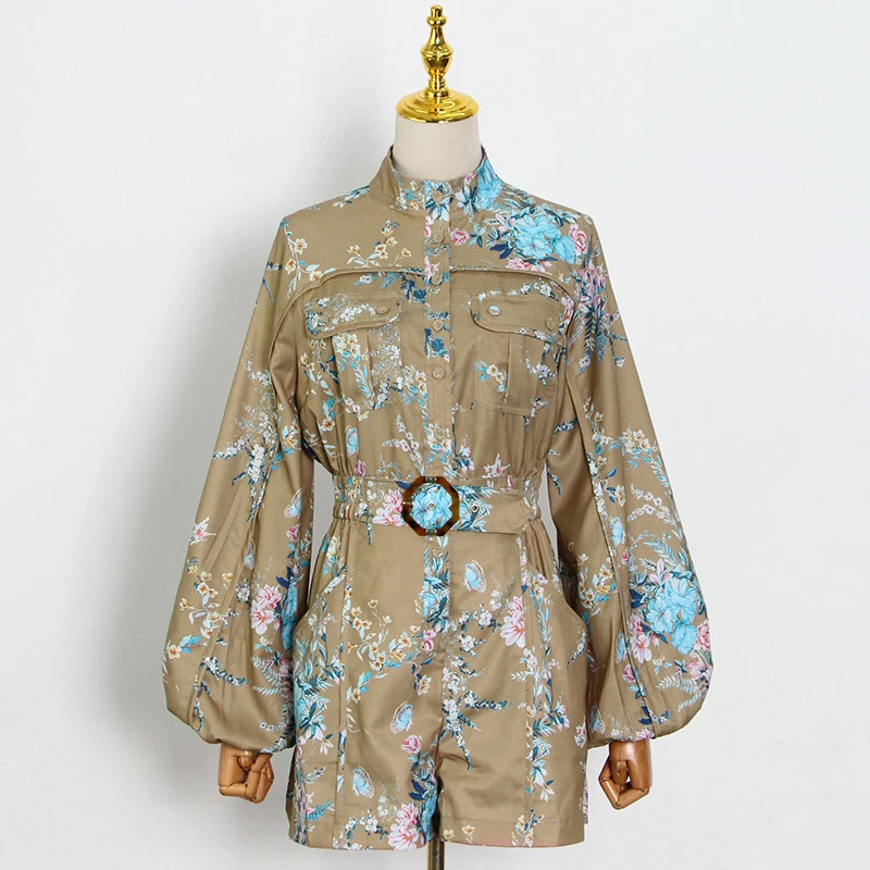 

XIZIHUPAN Vintage Print Playsuit For Women Stand Collar Lantern Long Sleeve High Waist Sashes Loose Playsuits Females 2021 Style