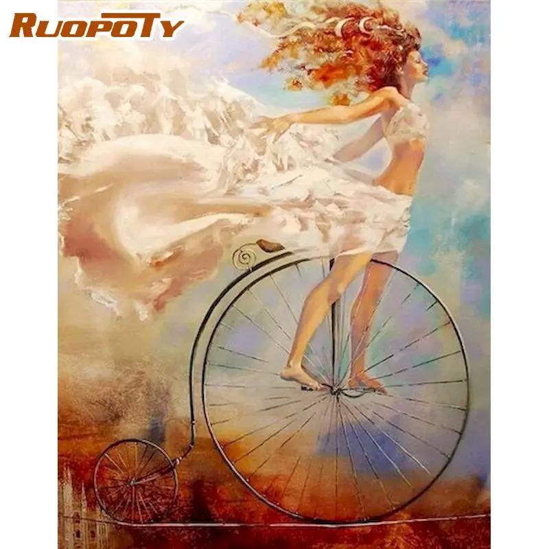 

RUOPOTY Bike Girl Figure Oil Painting By Numbers Kits DIY Framed 60x75cm Picture By Number Acrylic Color Canvas Home Decoration