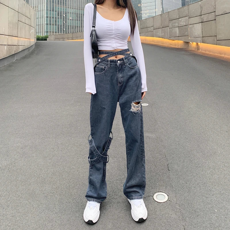 Jeans Woman Detachable Streamer Ripped Jeans Women Retro High Waist Straight Leg Loose Wide Leg Pants Jeans Ladies Fashion