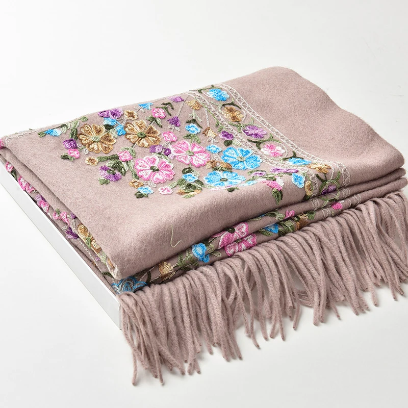 Winter Sheep Wool Scarf Women Flower Embroidery Solid Autumn Shawls Wraps for Ladies Tassels Warm Thick Large Scarves |