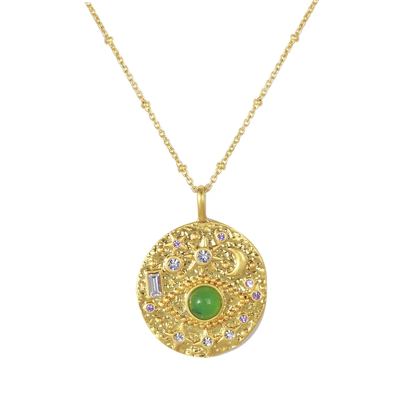 

European and American Natural Green Crystal Devil's Eye Stars and Moon Sun Shining Disc Retro Necklace Girls