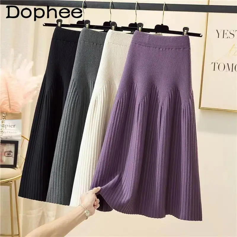 

Модная вязаная юбка А-силуэта, Женская свободная плиссированная юбка с завышенной талией, юбка средней длины на осень и зиму 2021