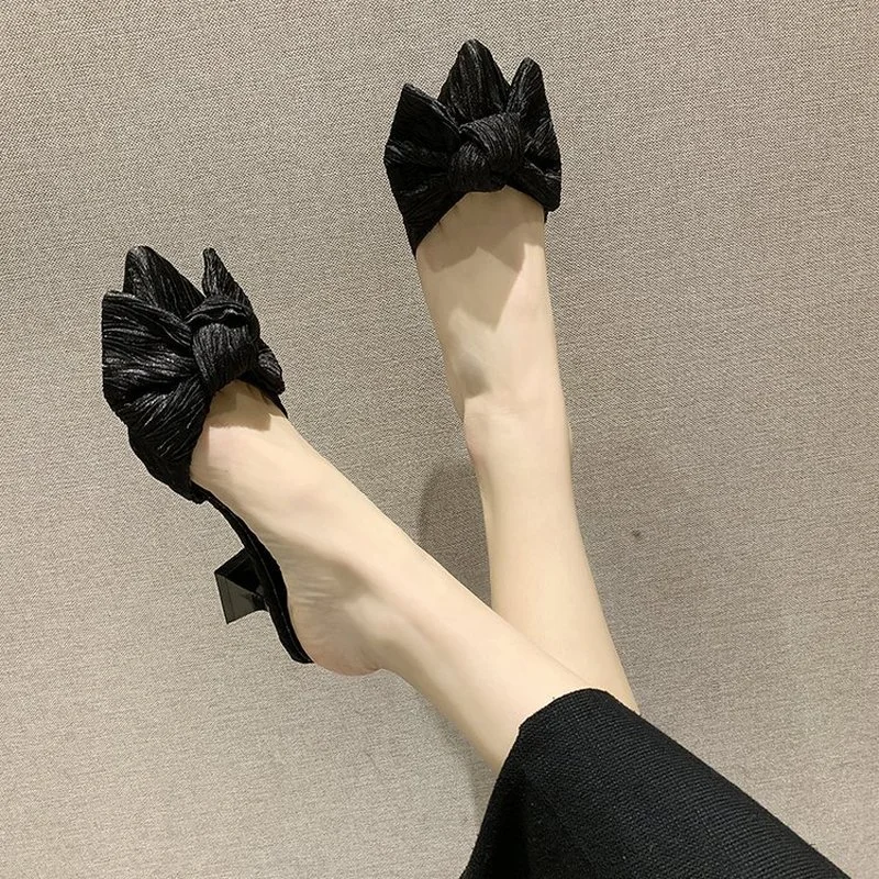 

comemore New Bow-knot Female Bow Surface Non-slip Bright High Heels Fashion Shallow Mouth Party Shoes Stretch Fabric Slippers