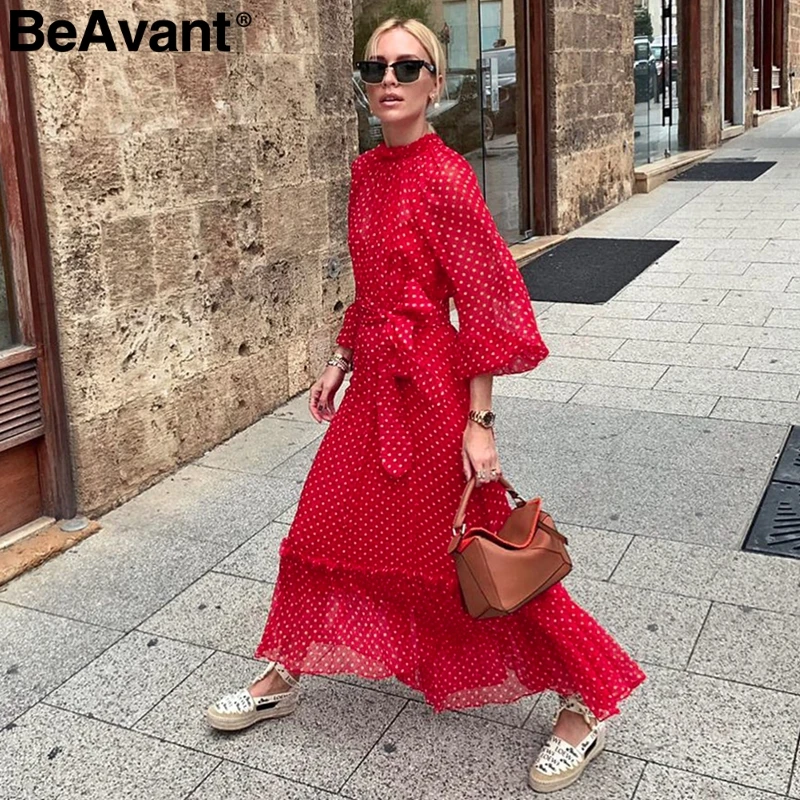 Красный BeAvant, красное платье в горошек, Осень-зима, женское, элегантное, с рукавом-фонариком, длинное, для вечеринок, с рюшами, с круглым вырезом, черное, для девушек, vestidos - Цвет: Красный