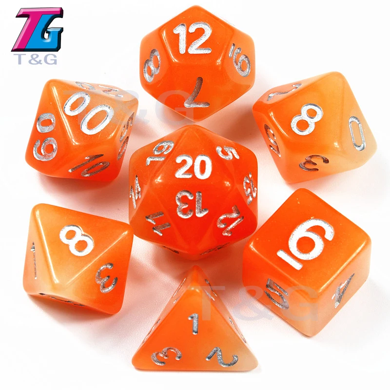 Orange Новое поступление, 7 шт./лот, высокое качество, смешанный цвет, светится в темноте, кости для D& D D4, 6,8, 10,10%, 12,20, набор ролевых игр - Цвет: Orange