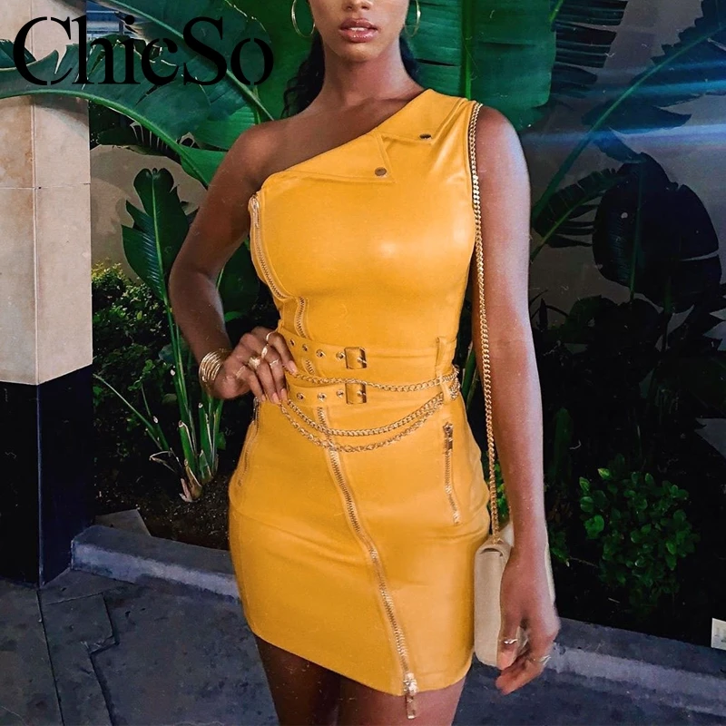MissyChilli Yellow one shoulder belt dress women Elegant bodycon short leather festa Autumn sexy party club robe | Женская одежда