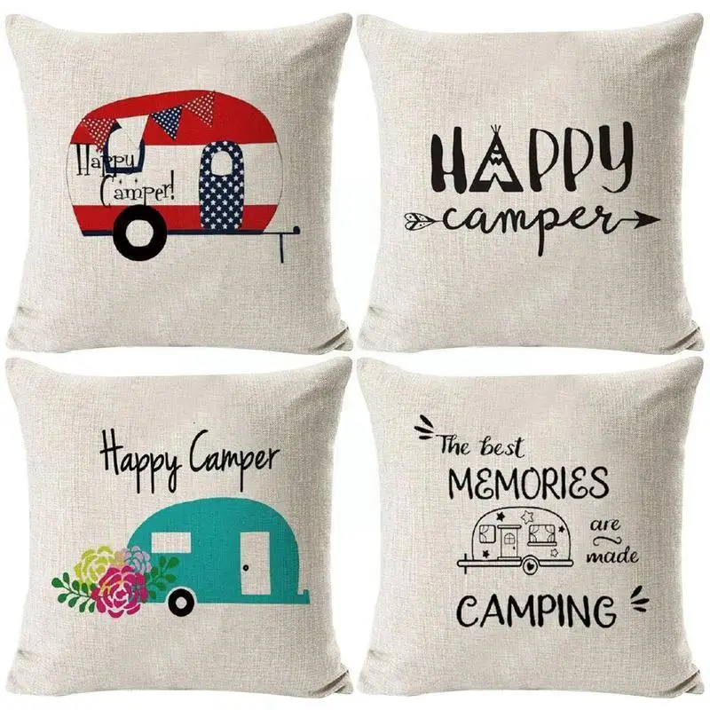 

Happy Campers Cartoon Caravanning Cushion Cover Camping Sofa Car Pillows Cover Square Car Linen Home Textile Throw Pillowca I7Z1