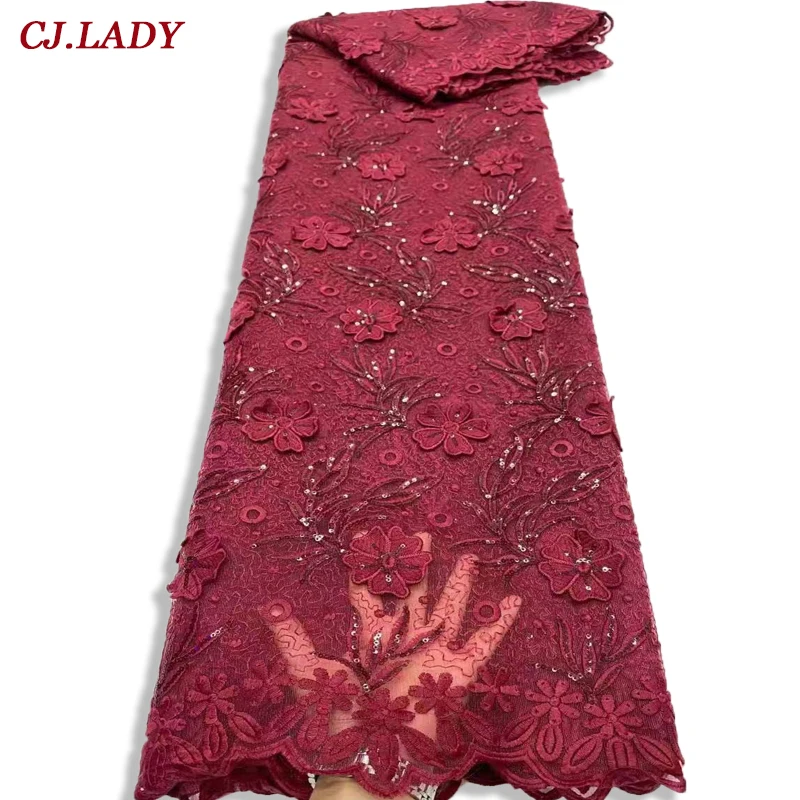 

2021 Latest Red Color African Brocade Lace Fabric Luxury Lace Trim African Embroidery Nigerian Lace Fabric For Party Dress A04