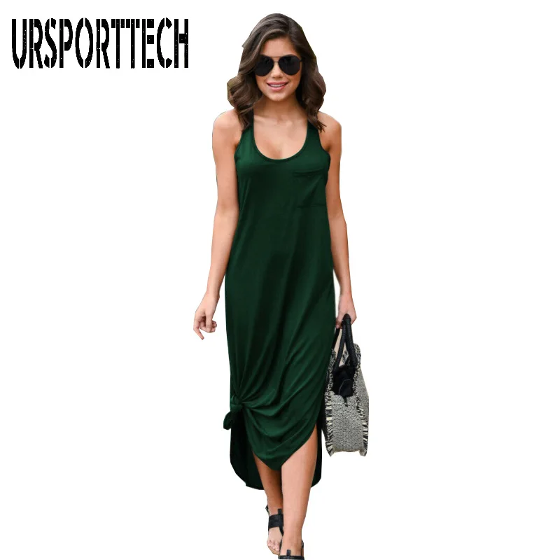 

URSPORTTECH Long Summer Dress For Women Fashion Casual Sleeveless Tank Dress Sexy Irregular Backless Pocket Long Dress Vestidos