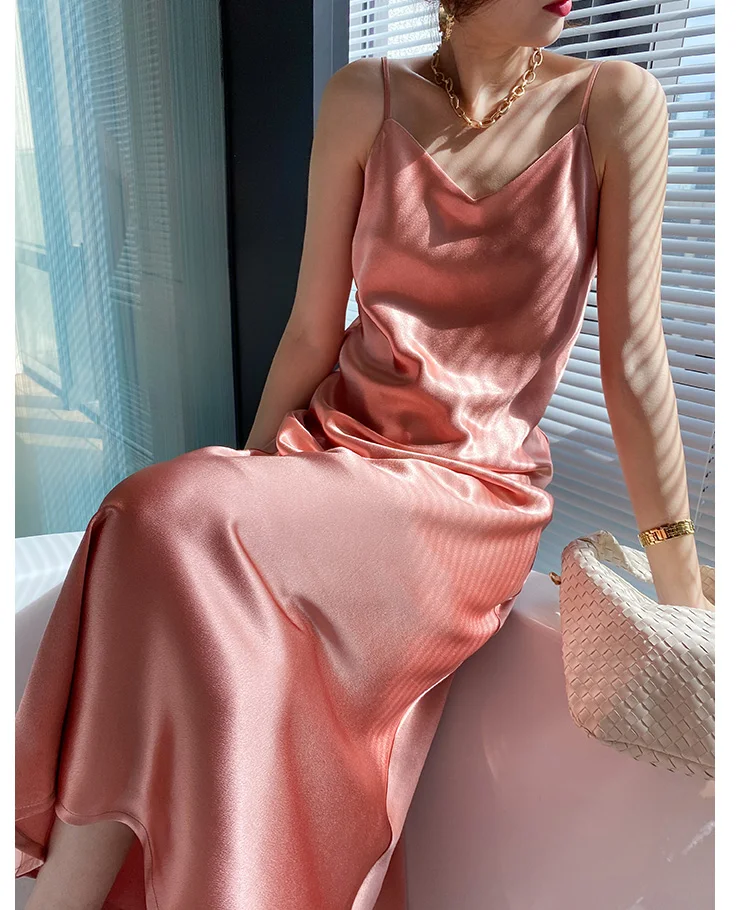 

Satin Dress Pink Korean Streetwear Women 2021 Prom Dresses Vestido Casual Sundress Halter Midi Slip Dress Bodycon Sexy