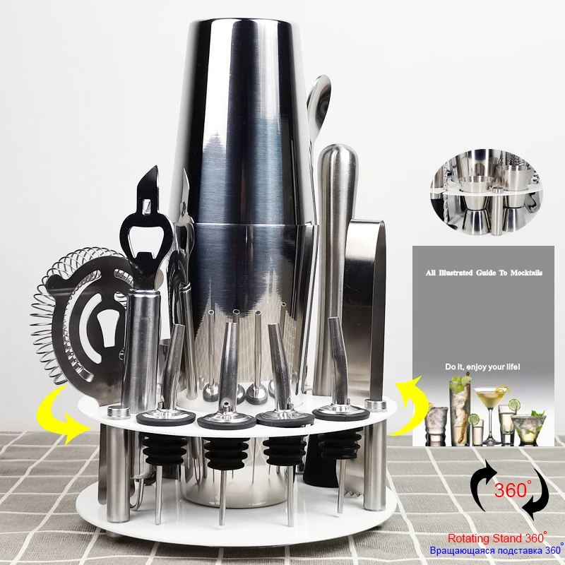

1-14Pcs 450/600ML Stainless Steel Cocktail Shaker Bar Set Boston Style Tool With Cocktail Recipe and Rotating Rack Stand Holder