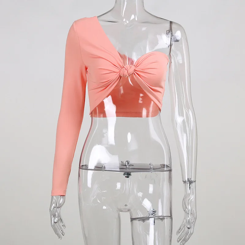 

Sexy One Shoulder Long Sleeve T-Shirts Women V Neck Knot Front Slim White Crop Top Tshirt Femme Summer Basic Tee Shirt