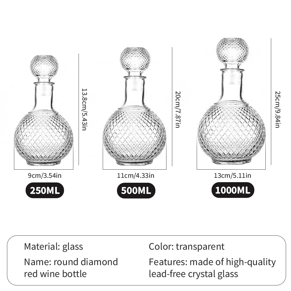 

250/500/1000ml High-End Red Wine Glass Round Spherical Glass Bottle Wine Jar Whiskey Ball Diamond Wine Decanter Home Bar Tool