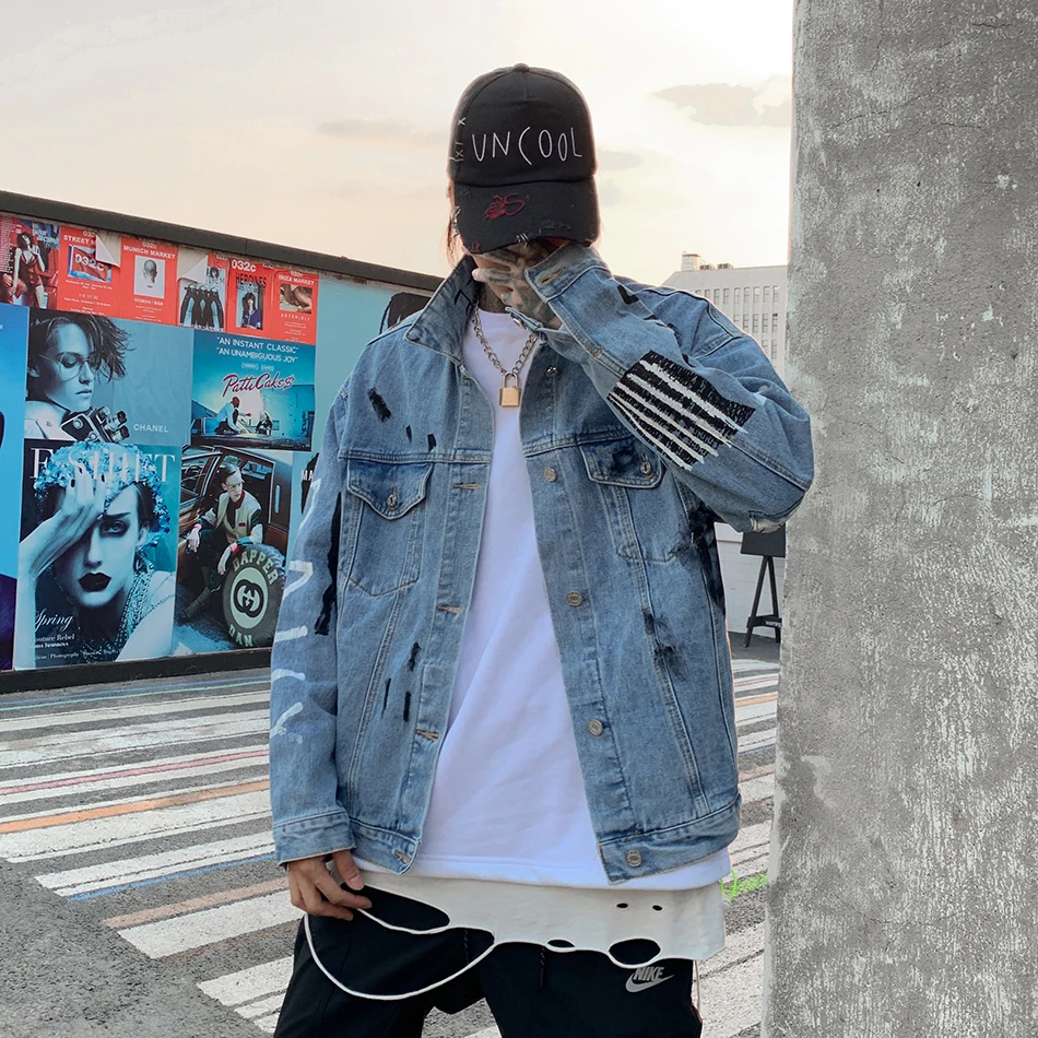 Мужская джинсовая куртка в стиле Харадзюку С буквенным принтом хип хоп большого