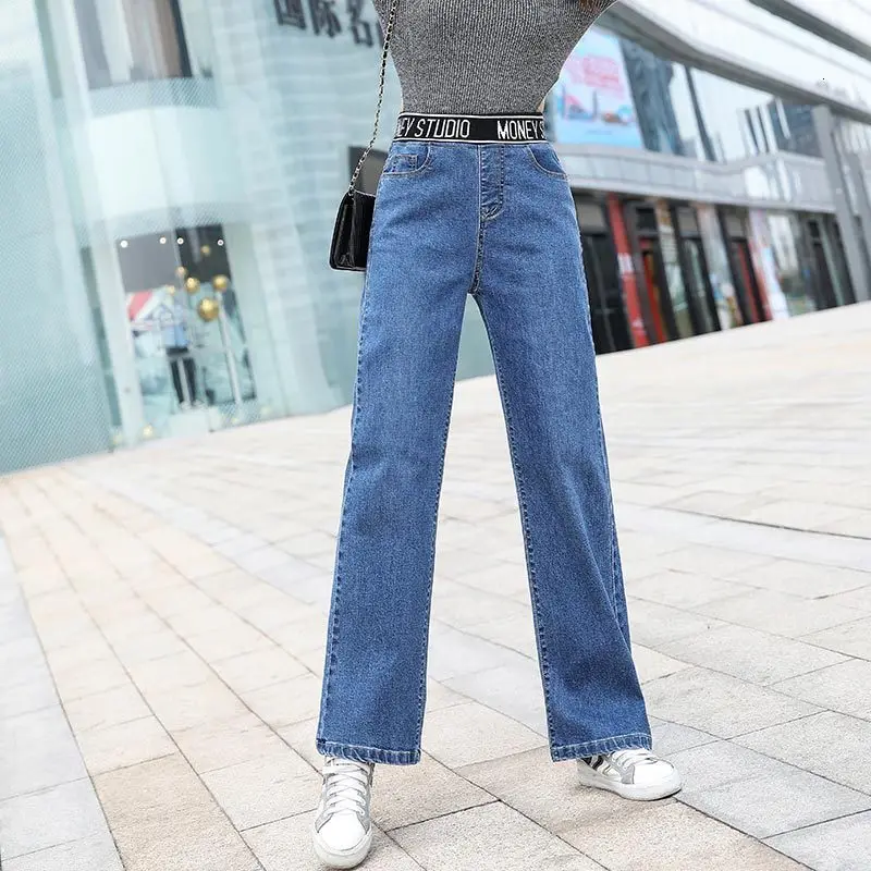 #3105 Spring Autumn Elastic High Waist Wide Leg Jeans Women Loose Blue Black Casual Straight Women's Denim Full Length | Женская