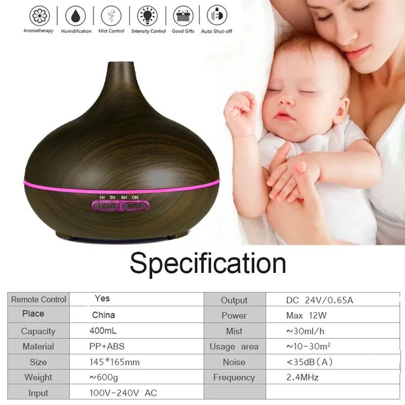 

400ml remote control aroma oil diffuser wood electric humidifier ultrasonic xiomi air humidifier aromatherapy mist maker home
