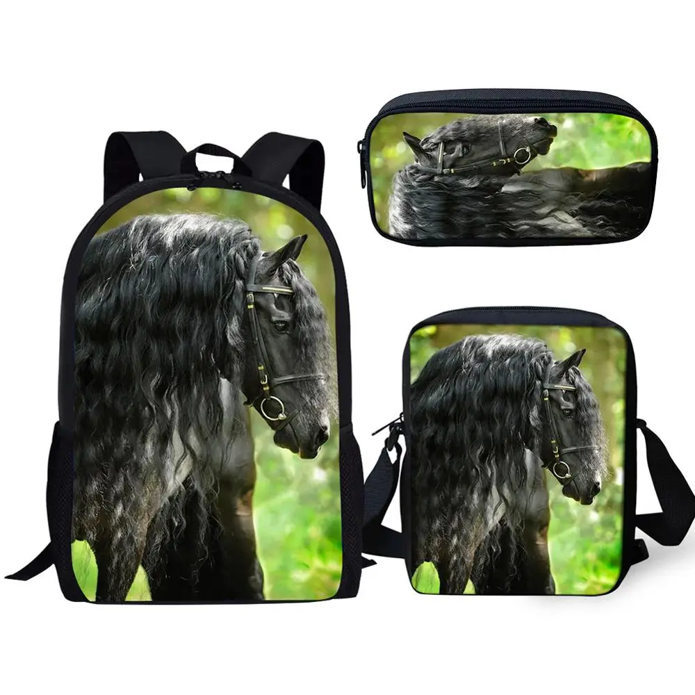 HaoYun 3PCs/Set Handsome Friesian Horse Print Pattern School Bag for Boys Teenager Girls Backpacks Child Students Travel Bagpack