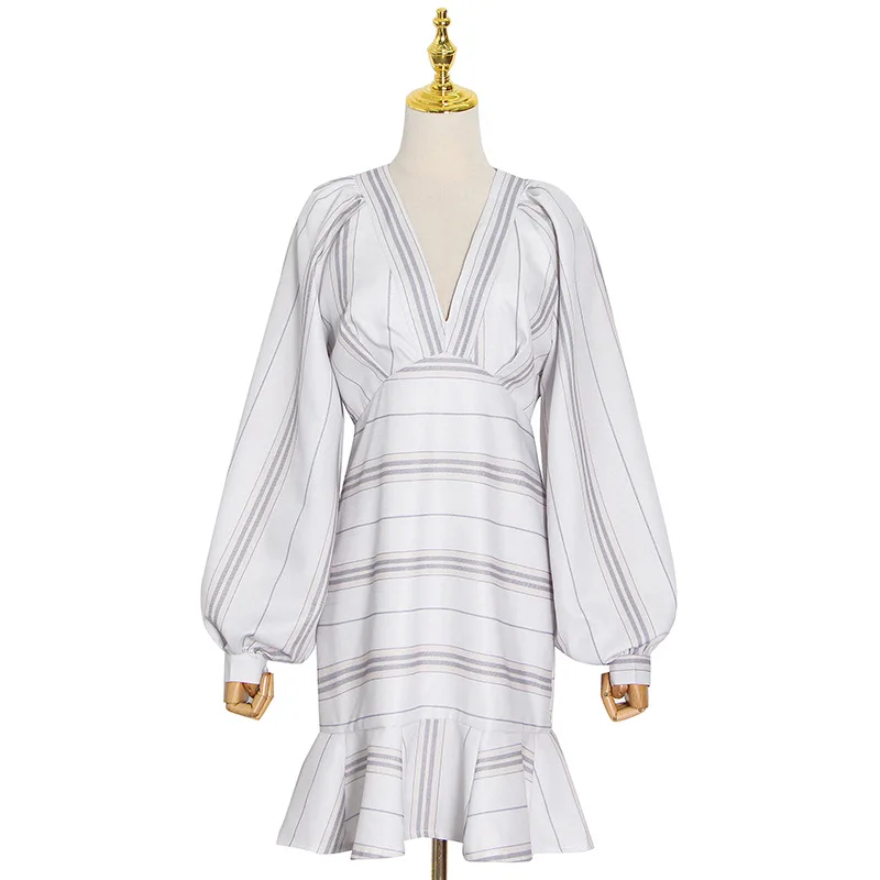 

New fashion sexy deep v-neck striped stitching lantern sleeve waist short dress