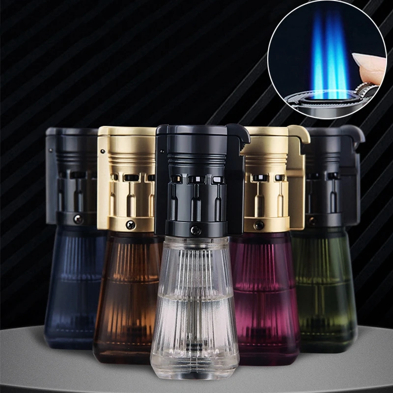 

Visible GasWindproof Gas Lighter Butane Flint Wheel Three Torch Turbo Lighter Cigar Smoking Accessories Metal Cigarette Lighters