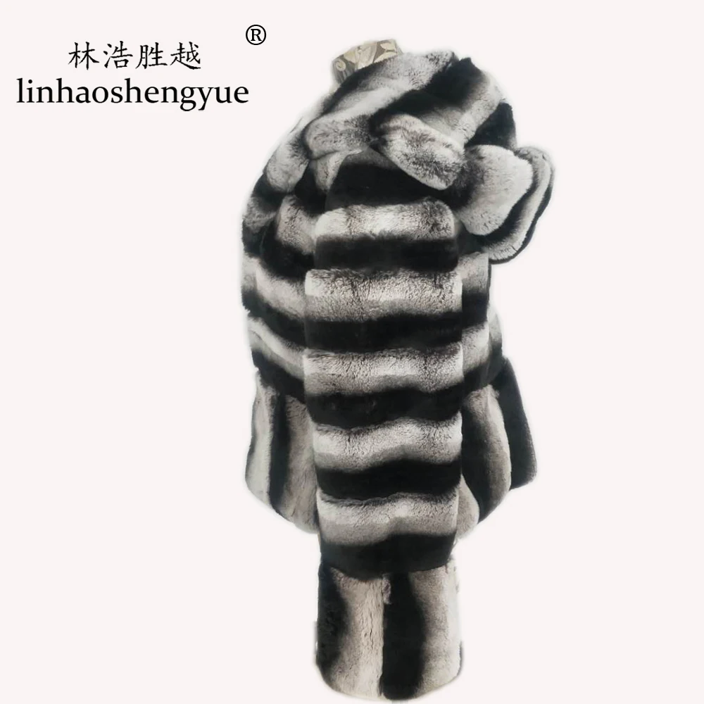 Linhaoshengyue 2020 Real fur 60cm lenght rex rabbit fur women coat with hood fashion warm  winter  freeshipping